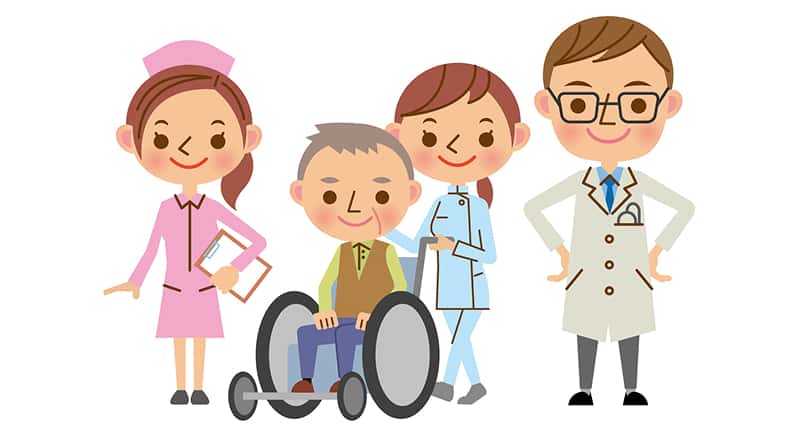 退院後も支援を続ける医療スタッフと患者さんのイラスト
